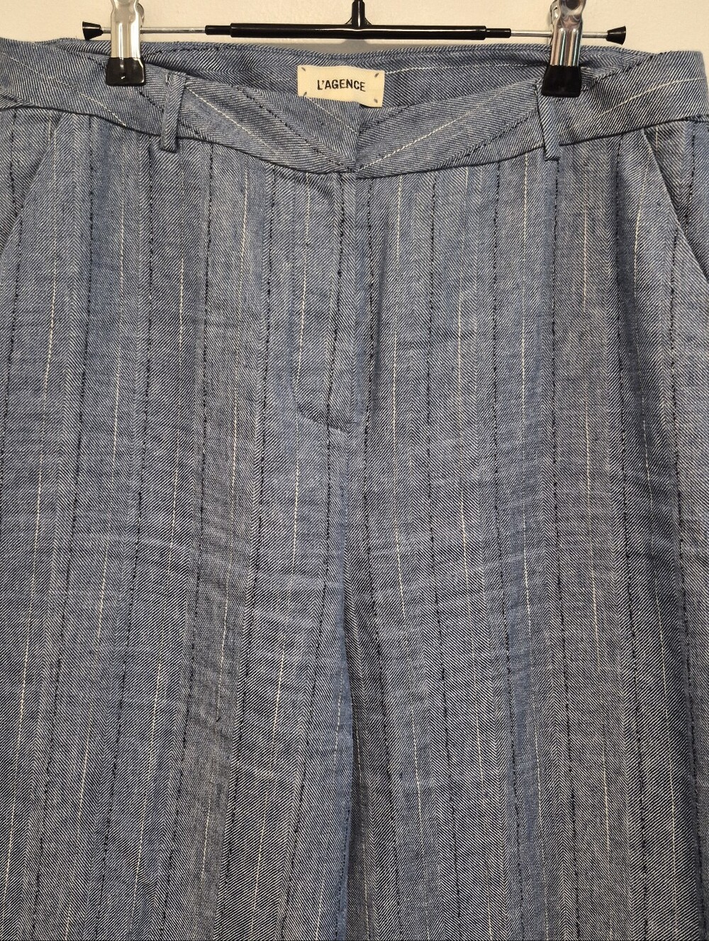 L' Agence Livvy Pinstripe Straight Wide Leg Trousers Blue Pants Womens Sz 8 $450 - Picture 5 of 15